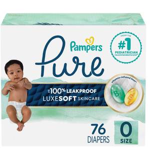 lot 3312 image: Pampers Pure Baby Diapers, Size 0 (10 lbs), 76, Up to 100% Leakproof, Premium Hypoallergenic Soft Diapers