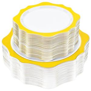 lot 3316 image: realluck 100 PCS White and Yellow Disposable Plates for 50 Guests, Scalloped Plastic Plates Include 50 Dinner Plates and 50 Dessert Plates for Party, Wedding