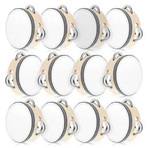lot 3325 image: Lukmaa 12 Pcs Tambourine Drum Bulk for Adults Hand Held Percussion Gift Operation Christmas Bulk Items Wood Metal Jingles Musical Educational Drum Instrument for Church Wedding Party Games(White)