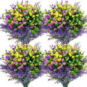 lot 3341 image: Hananona 12 Pcs Artificial Flowers Outdoor, Faux Artificial Plants UV Resistant Plastic Flower Bulk for Hanging Planter Porch Window Home Wedding Fall Summer Decor (12, Fuchsia, Purple, Yellow, Green)