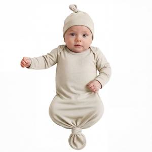 lot 4298 image: Newborn Knotted Baby Gown 0-6 Months, Super Soft Breathable Nightgowns for Babies Girl and Boy, Baby Girls Coming Home Hospital Outfit with Hat Set Oatmeal