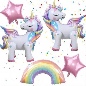 lot 4299 image: DUILE 5 Pcs Self Standing Unicorn Balloons - 3D Rainbow and Star Foil Balloons for Birthday Party Decorations and Supplies