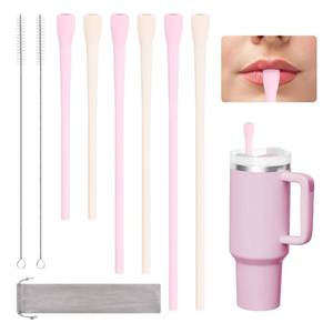 lot 4304 image: 6 Pcs Anti Wrinkle Straw, Flat Wide Drinking Straw Compatible with Stanley 40 oz & 30 oz, Reusable Flexible Wrinkle Long Drinking Straws with Cleaner Brush, Perfect for Lip Filler