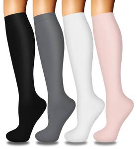 lot 4332 image: 4 Pairs Compression Socks for Women Circulation-Best Support for Nurses,Running,Athletic,Travel ,Hiking,Yoga,Gym,Basketball,Baseball,Football, Soccer,White,Pink Calf Sock Gifts L-XL