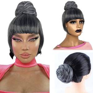 lot 4345 image: VAVANGA Bun and Bang Set 2 Piece - Quick Clip in Salt and Pepper Grey Braided Bun with Bang M Size Updo Braid Chignon Scrunchie Hair Piece for Black Women