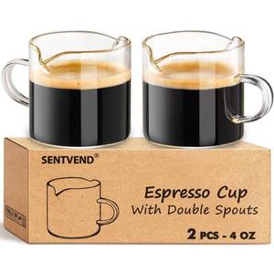 lot 4357 image: Espresso Cups Set of 2, 4 Oz Espresso Shot Glass with Handle Double Spout Cups Clear Glass Milk Cup Coffee Accessories Great for Making Coffee Desserts Salad Dressing