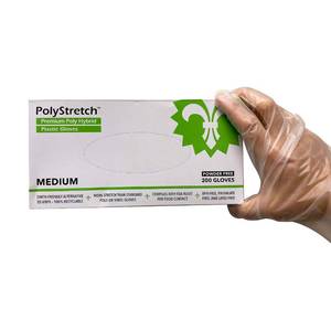 lot 4363 image: 200 Count  KingSeal PolyStretch TPE Poly Hybrid Disposable Gloves, Powder-Free, Vinyl Glove Substitute, Size Medium - 1 Box of 200 Gloves