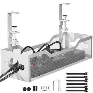 lot 4476 image: Under Desk Cable Management Tray No Drill, 13.38 Metal Tray with Clamp for Wire Management, Litwaro Cord Organizer Home Office Damage to Standing Desk, White