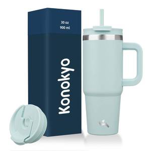 lot 4479 image: Konokyo 30 oz Tumbler with Handle and 2 Straws,2 in 1 Lid Insulated Water Bottle Stainless Steel Travel Coffee Mug,Blue Haze
