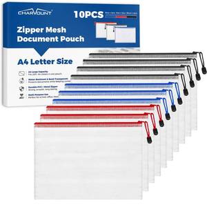 lot 5414 image: Charmount A4 Mesh Zipper Pouch Bags, Waterproof Plastic Document Organizer Folders, Multipurpose File Bags for Office, School, Toys, Board Games, Puzzles, Travel, and Home Storage Supplies-10 Pack