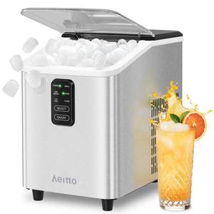 lot 5416 image: Aeitto Ice Maker Countertop 26lbs24H, Ice Machine 8 Ice Cubes Ready in 6 Mins, 2 Sizes of Bullet Ice Portable Ice Makers with Basket & Scoop, Auto Self-Cleaning for HomeKitchenOffice Stainless used