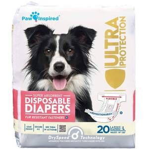 lot 5431 image: Paw Inspired 20ct Disposable Dog Diapers  Female Dog Diapers Ultra Protection  Diapers for Dogs in Heat, Excitable Urination, or Incontinence (Large)