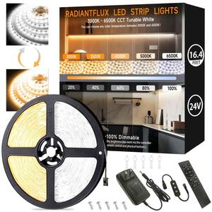 lot 6009 image: 16.4ft Dimmable White LED Strip Light Kit, Dimmable 3000K-6500K, 24V Strip Lights with Remote Control, Flexible LED Strip Light, Eye Protection for Bedroom, Home Lighting, Mirror, Kitchen, Bar Cabinet