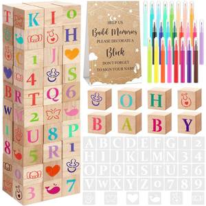 lot 6022 image: Wonderjune 147 Pcs Baby Shower Blocks Games Sets, 80 DIY Blank Wooden Block 42 Stencils 24 Watercolor Marker 1 Decorate a Block Game Sign for Gender Reveal Baby Shower Party Supplies(Kraft)