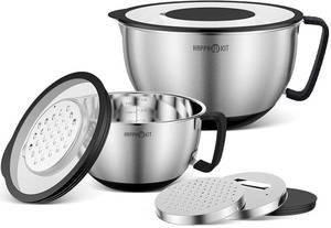lot 6025 image: HAPPY KIT 188 Mixing Bowls With Lids Set of 2,Stainless Steel Mixing Bowl With Pour Spout, Non-slip Handle and Bottoms, 3 Grater Attachments, Measurement Marks & Lid, Size 5, 3QT(Black)