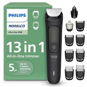 lot 6038 image: Norelco Philips All-in-One 3000 Series 13 in 1 Trimmer for Men, Beard Trimmer & Head Hair Clipper, Full Metal Self-Sharpening Blades & 8 Length Settings, MG393950