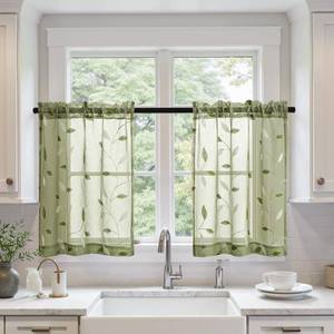 lot 6039 image: MIULEE Sage Green Sheer Kitchen Curtains 30x36 Inches Length 2 Panels Embroidered Leaf Patterned Rod Pocket Floral Semi Sheer Faux Linen Short Window Curtains Drapes Set for Bathroom Cafe