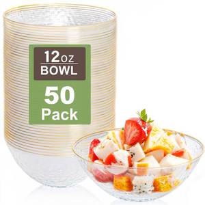 lot 6048 image: Rubtlamp 50 Pack Clear Disposable Bowls, Clear Plastic Bowls with Gold Rim, 12-16oz Premium Heavy Duty Plastic Hammered soup Bowls for Milk Cereals, Snacks, Salads