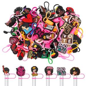 lot 6455 image: Ovveroche 50 Pcs Pink Black Girl Straw Cover Caps Compatible with Stanley Cup, Silicone Cute Reusable Straw Toppers for Cups 30&40 Oz Tumbler Accessories 10mm