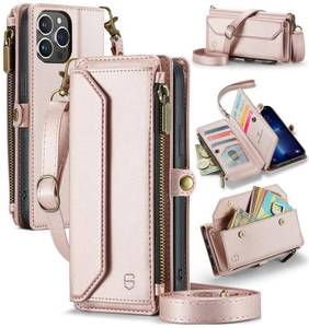 lot 6489 image: Strapurs Wallet Case Compatible with iPhone 13 Pro Max RFID Blocking 10-Card Holder Soft PU Leather Magnetic Snap Shoulder Strap Zipper Pocket Phone Case Fit for iPhone 13 Pro Max - Rose Gold