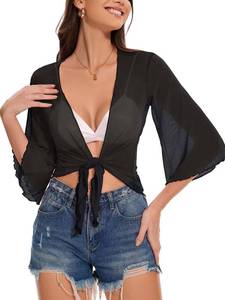 lot 6494 image: Womens Short Cardigan Bolero Shrug Sheer Tie Front Top 34 Sleeve Jacket for Dress (Black,M)