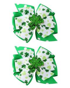 lot 6496 image: A2 Pack St Patricks Day Hair Bows Green Glitter Clover Alligator Clips Girls Women Shamrock Irish Party Accessories 4 Inch