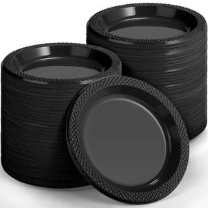 lot 11665 image: Kochorie 300-Pack Black Disposable Plastic Plates 6 Inch Round Dessert Dinner Plate Food Grade BPA Free Heavy Duty Wedding Cake Bulk for Events, Weddings, Birthdays, Graduation