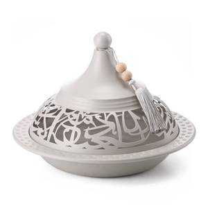 lot 11677 image: Qinyoung Decorative Ramadan Dates Cover, 10 Inch Taupe Metal Serving Dome Cloche Cover with Silver Tassel for Dates, Eid Serving Platter, Elegant Iftar and Suhoor Table Centerpiece