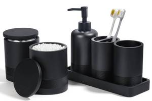 lot 11683 image: Bathroom Accessories Set, 6-Piece Bathroom Accessory Set, Toothbrush Holders Set, Soap Dispenser, Vanity Tray, Tumbler, Cotton Swab Jars, Bathroom Organizer for Modern Bathrooms(Matte Black)