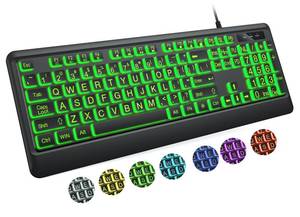 lot 11701 image: KOPJIPPOM Large Print Keyboard - 7 Interchangeable Backlight Colors, Light Up USB Wired Computer Keyboards, USB Plug-and-Play, Foldable Stands, Corded Full Size Keyboard for Windows, PC, Laptop