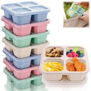 lot 12256 image: Cididu 8 Pack Bento Snack Lunch Box, 4 Compartment Meal Prep Container, Reusable Divided Snack Box with Lid for Kids Adults, Wheat Straw Food Storage Container for School Work Travel, Microwave Safe (Missing One)