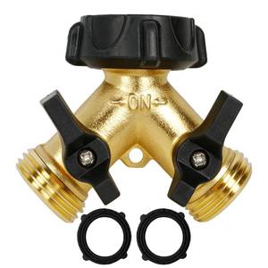 lot 12262 image: Hourleey Brass Garden Hose Splitter 2 Way, 34 Inch Hose Connector Tap Splitter, Hose Y Splitter, Hose Spigot Adapter 2 Valves with Extra Rubber Washers