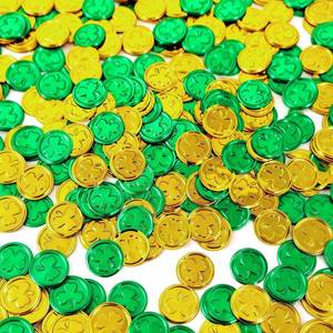 lot 12306 image: Heyiminy 240 Pieces St Patricks Day Gold Coins, 1.2 Inch Shamrock Plastic Coins Green and Gold 3-Leaf Clover Coin for St Patricks Day Decorations, Irish Themed Party Favors (Missing Pieces)