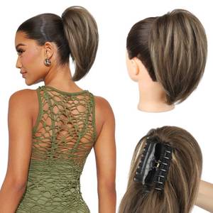 lot 12321 image: NTYNTY Ponytail Extension - 10 Short Claw Clip in Ponytail Hair Extensions Messy Bun Hair Piece Natural Soft Synthetic Straight Pony Tail Hair Pieces for Women - Chocolate Brown with Highlights