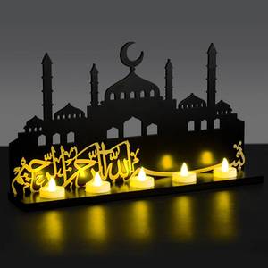 lot 12328 image: Rossesay Islamic Decorations Islamic Candle Holder with LED Tea Candles Wooden Acrylic Islamic Tabletop Decors Ramadan Kareem Eid Mubarak Sign Muslim Gifts for Home Table Party Decorations(Vivid)