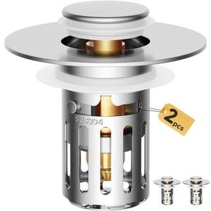 lot 12339 image: 2PC Solid Metal Bathroom Sink Stopper-Brass Core & Stainless Steel Construction-Dual Function Bathroom Sink Drain Strainer-Universal Fit 99% Bathroom Drain-(1.1 to 2.36 inch)