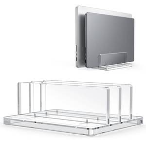 lot 12384 image: OMOTON Vertical Laptop Stand for Desk, Acrylic Dual Laptop Holder Desktop Clear Adjustable Dock for MacBook Pro Air, HP, All Gaming Laptops up to 17�� (Clear, Dual Slot)