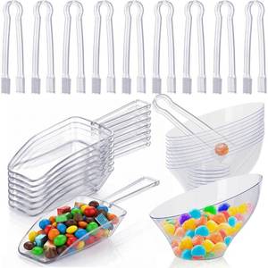 lot 12386 image: R-kay 36 Pcs Candy Bowls And Plastic Scoops Set - 18 Clear Small Plastic Bowls 6 Oz, 9 Plastic Scoops And 9 Small Tongs Buffet Containers Set Heavy Duty (Missing Tongs)