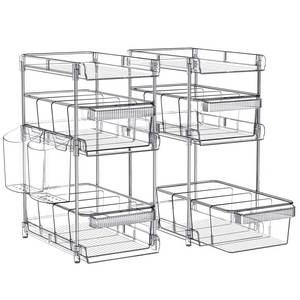 lot 13703 image: Clear Bathroom Organizers 2 Sets 3 Tier, Pull Out Organizer and Storage with 2 Cups, Slide Out Drawer Storage Container with 6 Dividers, Multi-Purpose Bathroom Organizer, Kitchen Under Sink Organizer