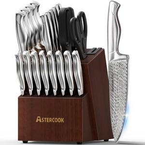 lot 13705 image: Knife Set, Astercook 21 Pieces Kitchen Knife Set with Built-in Sharpener, German Stainless Steel Knife Block Set, Razor-Sharp Knives with Full-tang Handle, Dishwasher Safe, Silver