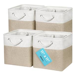 lot 13708 image: OrganiHaus 11x11 Cube Storage Bins 4 Pack, Foldable Cube Storage Organizer w Rope Handles, Collapsible Fabric Bins for Toys, Clothes & Closet Organization, Fabric Square Baskets - BeigeWhite