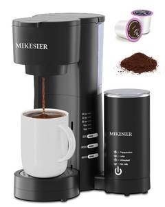 lot 13711 image: MIKESIER 3IN1 Single Serve Coffee Maker with Milk Frother, Small Coffee Machine for K Cup & Ground, 6-14oz Brew Size, 28oz Water Tank, Adjustable Drip Tray