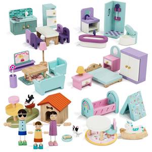 lot 13716 image: Lehoo Castle Wooden Dollhouse Furniture Set 39 Pcs with 5 Rooms, Family Dolls & Pets, All-Wooden Doll House Accessories and Furniture, Pretend Play Dollhouse Accessories Toy Gift for Kids 3