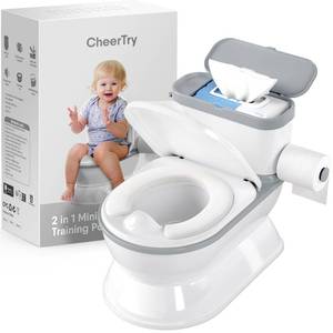 lot 13719 image: CheerTry 2-in-1 Toddler Potty Training Toilet - Larger Potty Chair & Detachable Training Seat for Boys & Girls Ages 1-3 with Flushing Sound, Wipes Storage, Toilet Paper Holder - Grey