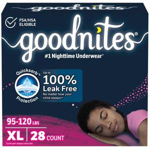 lot 13720 image: Goodnites Girls Nighttime Bedwetting Underwear, Size Extra Large (95-120 lbs), 28 Ct (2 Packs of 14), Packaging May Vary