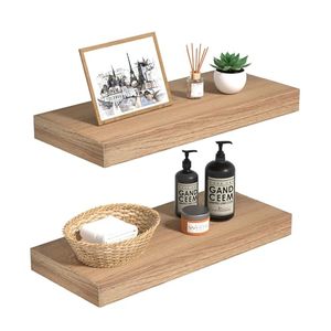 lot 13731 image: INHABIT UNION Oak Floating Shelves Wood for Wall 15.7in Wall Mounted Display Ledge Shelves Perfect for Bedroom, Bathroom, Living Room and Kitchen Decoration Storage (Set of 2)