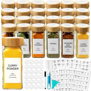 lot 13750 image: AISIPRIN Glass Spice Jars with 398 Labels, 24 pcs 4oz Spice Containers with Bamboo Lids, Square Spice Bottles With Shaker Lids,Spice Organization for Cabinet,Drawer,Rack,Seasoning Organizer