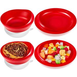 lot 14133 image: Hushee 2 Sets Adaptive Spill Proof Scoop Bowl and Plate Set with Suction Base Non Skid Self Feed Suction Dinnerware for Elderly Disabled Handicapped from Parkinsons Tremor (Red)
