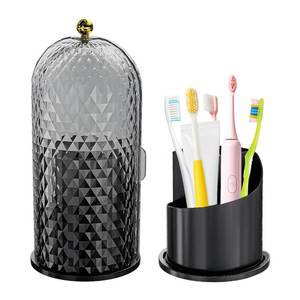 lot 14140 image: Multifunctional Rotating Toothbrush Holders with Sliding Lid, The 3-Slot Bathroom Countertop Vanity Organizer Perfect for Tooth Brush, Toothpaste, and Makeup Brushes Holder Storage (Black)
