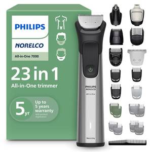 lot 14144 image: Norelco Philips All-in-One Series 7000 23-Piece Trimmer - Electric Shaver and Clipper for Face, Beard, Head & Body, Self-Sharpening Titanium Blades, 26 Length Settings (0.5-16 mm), MG797049